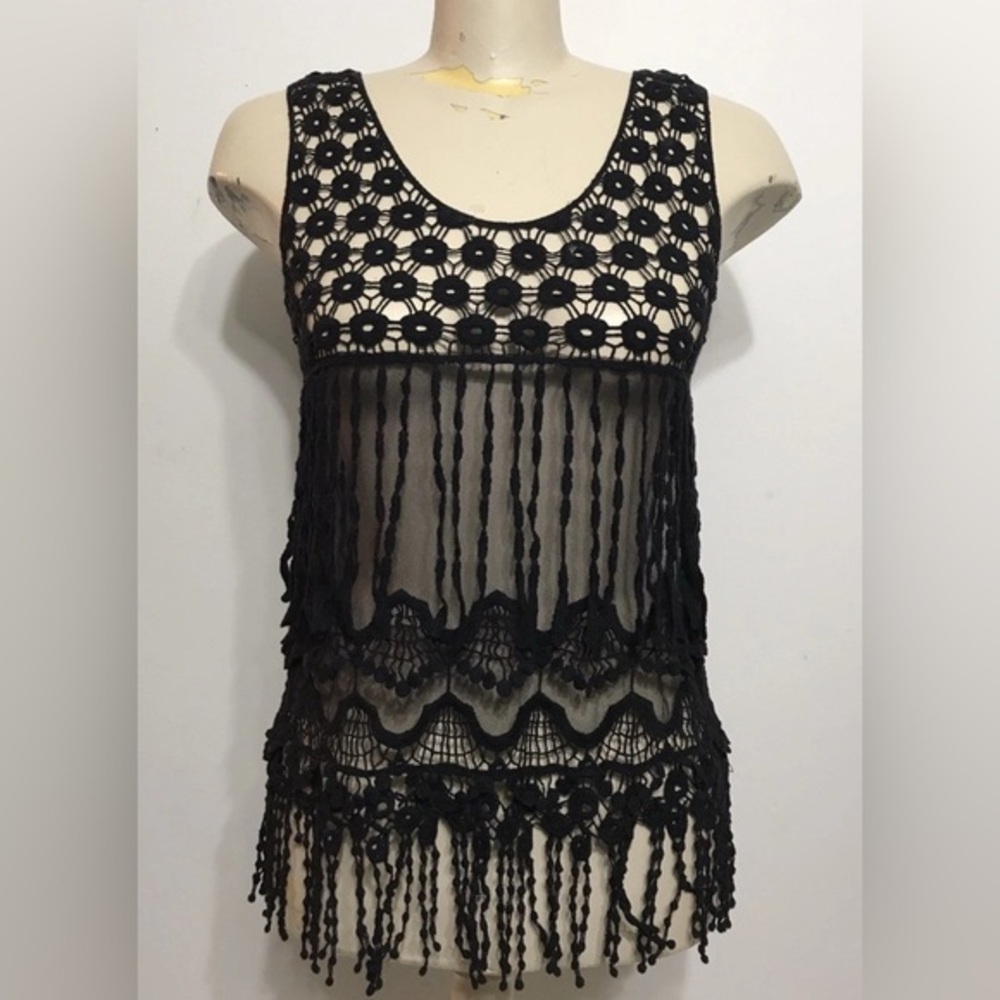 Vintage Y2K Say What Black Fringe Sleeveless Top Sz L